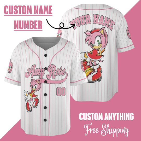 Personalized Amy Rose Baseball Jersey, Shadow Tails Silver Amy Rose Jersey, Sonic Hedgehog Knuckles Shirt, Custom Amy Rose Kids Youth Adult