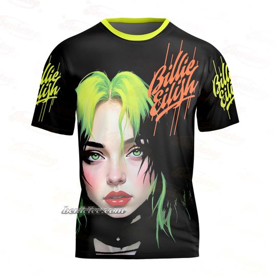 Billie Eilish Tee 3D with Neon Green Hair, Music Fan Art Tee, Pop Star Graphic Shirt, Gift for Billie Fans, Bold Music Shirt 3D