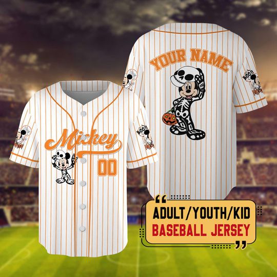 Personalized Disney Mickey & Friends Halloween Baseball Jersey, Custom Disney Mickey Skeleton Jersey, Disneyland Halloween Family Trip Shirt