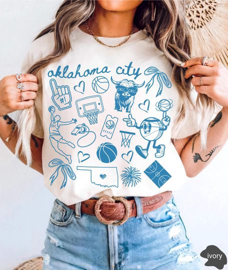 OKC Basketball Doodle Comfort Colors T-Shirt for Women, Trendy Oklahoma City Game Day Tee, Gift for OKC Fans