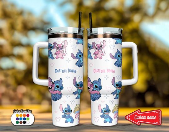 Discover Personalized Disney Stitch and Angel Colorful Tumbler,  Stitch 40oz Tumbler, With Handle Disney Characters Tumbler Christmas