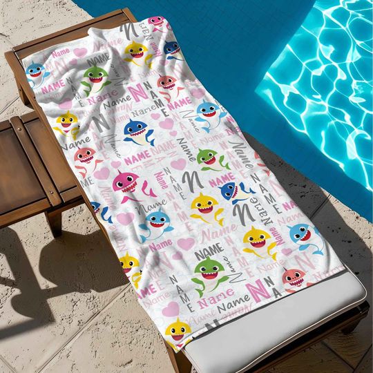 Custom Name Baby Shark Beach Towel, Shark Bath Towel, Pool Towel, Gift For Kid, Kids Beach Towel, Summer Vacation