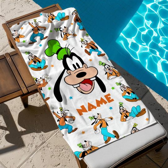 Custom Name Goofy Beach Towel, Disney Goofy Bath Towel, Pool Towel, Disneyland Gift For Kid, Kids Beach Towel, Summer Vacation