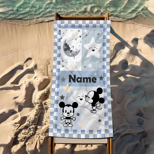 Baby Mickey Mouse Custom Name Beach Towel, Mickey Bath Towel, Pool Towel, Disneyland Gift For Kid, Kids Beach Towel, Summer Vacation