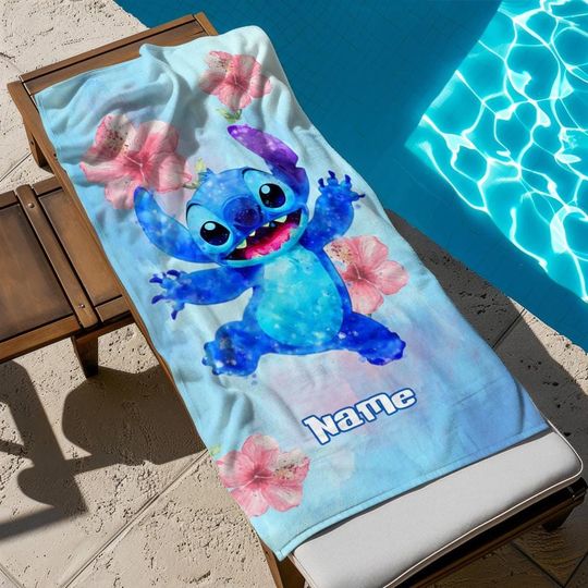 Floral Stitch Beach Towel With Name, Custom Disney Bath Towel, Pool Towel, Disneyland Gift For Kid, Kids Beach Towel, Summer Vacation
