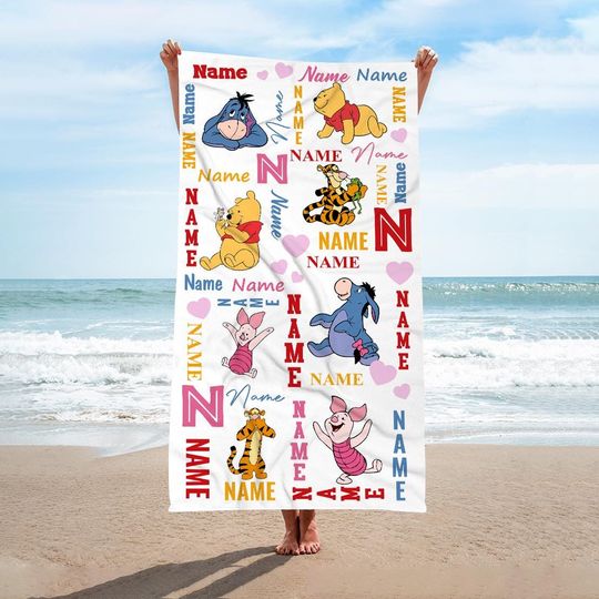 Custom Name Winnie The Pooh & Friends Beach Towel, Disney Bath Towel, Pool Towel, Disneyland Gift For Kid, Kids Beach Towel, Summer Gift