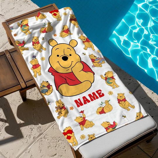 Personalized Winnie The Pooh Beach Towel, Custom Name Bath Towel, Pool Towel, Disneyland Gift For Kid, Kids Beach Towel, Summer Vacation