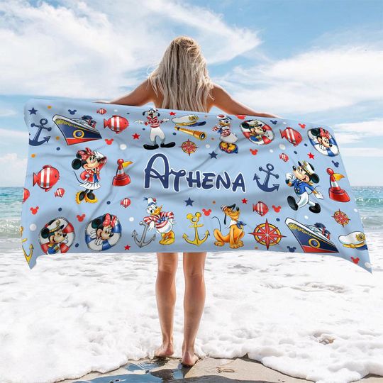 Personalized Name Disney Cruise Beach Towel, Mickey & Friends Cruise Trip Bath Towel, Disney Trip Towel, Pool Towel, Summer Vacation