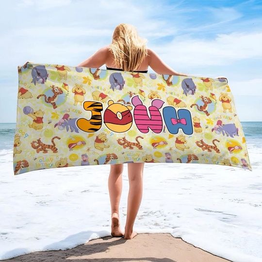 Custom Letter Name Winnie Pooh & Friends Beach Towel, Disney Bath Towel, Pool Towel, Disneyland Gift For Kid, Kids Beach Towel, Summer Gift