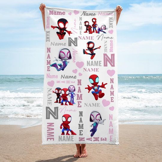 Customized Name Spidey and His Amazing Friends Beach Towel, Spidey Bath Towel, Pool Towel, Disneyland Gift For Kid, Kids Beach Towel