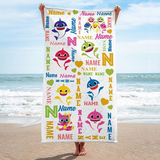Discover Personalized Name Baby Shark Bath Towel, Shark Family Do Do Do Beach Towel, Pool Towel, Gift For Kid, Kids Beach Towel, Summer Vacation