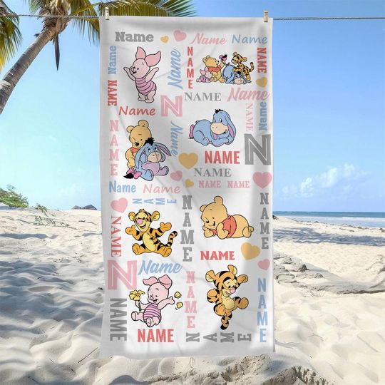 Custom Name Baby Winnie Pooh & Friends Beach Towel, Disney Bath Towel, Pool Towel, Disneyland Gift For Kid, Kids Beach Towel, Summer Gift