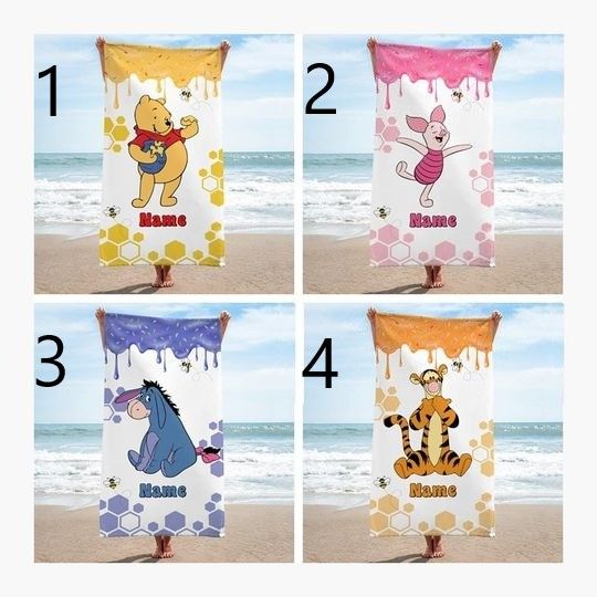 Customized Name Winnie The Pooh & Friends Beach Towel, Disney Bath Towel, Pool Towel, Disneyland Gift For Kid, Kids Beach Towel