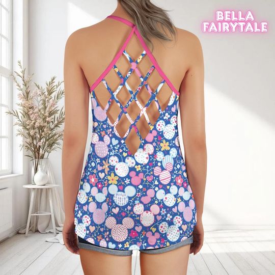 Blue Mickey Balloons,  Disney Women Top, Disney Tank Top, Open Back Top, Disney Outfit, Disney Cruise Outfit, All Over Print Top