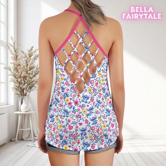 Stitch and Wild Flowers,  Disney Women Top, Disney Tank Top, Open Back Top, Disney Outfit, Disney Cruise Outfit, All Over Print Top