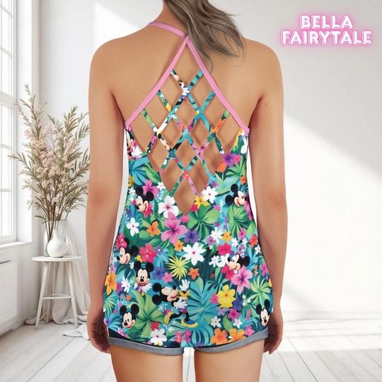 Tropical Green Mickey, Disney Women Top, Disney Tank Top, Open Back Top, Disney Outfit, Disney Cruise Outfit, All Over Print Top