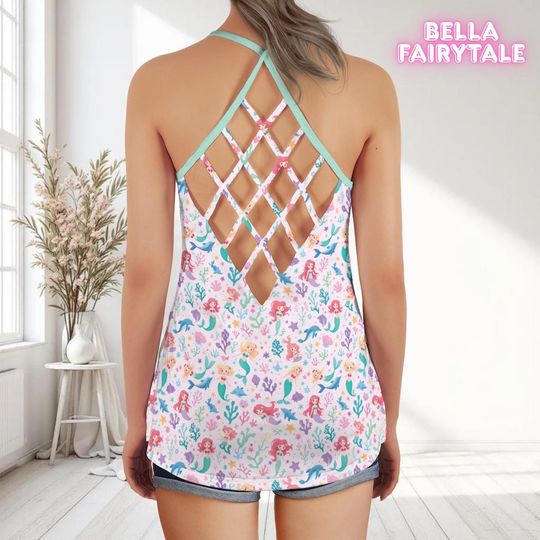 Little Mermaids, Disney Women Top, Disney Tank Top, Open Back Top, Disney Outfit, Disney Cruise Outfit, All Over Print Top
