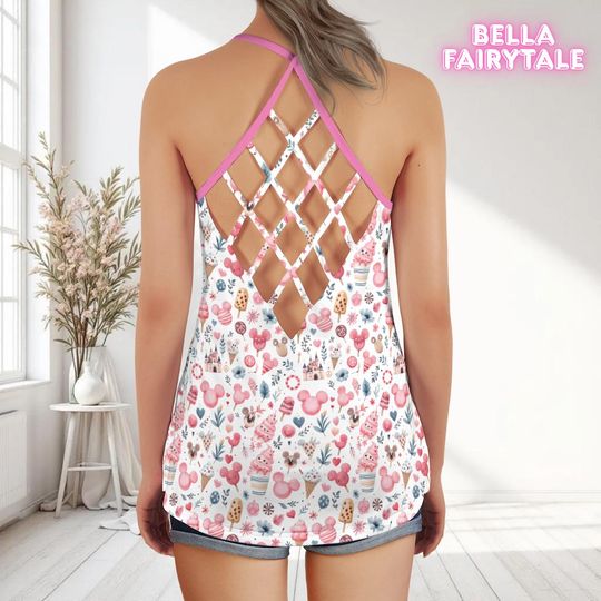 Desserts and Candies Mickey, Disney Women Top, Disney Tank Top, Open Back Top, Disney Outfit, Disney Cruise Outfit, All Over Print Top