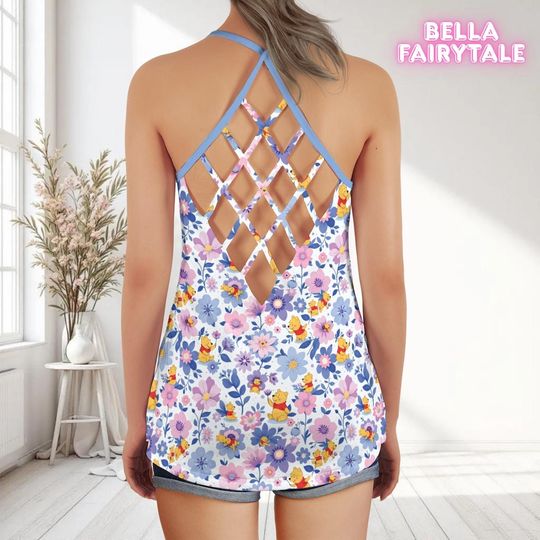 Cheerful Winnie The Pooh, Disney Women Top, Disney Tank Top, Open Back Top, Disney Outfit, Disney Cruise Outfit, All Over Print Top