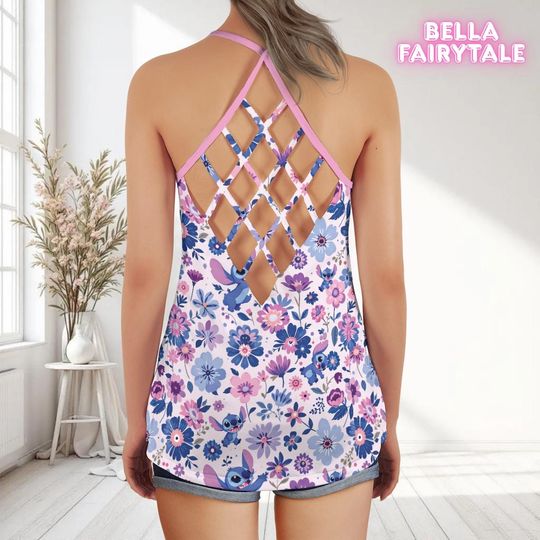 Stich and Purple Flowers, Disney Women Top, Disney Tank Top, Open Back Top, Disney Outfit, Disney Cruise Outfit, All Over Print Top