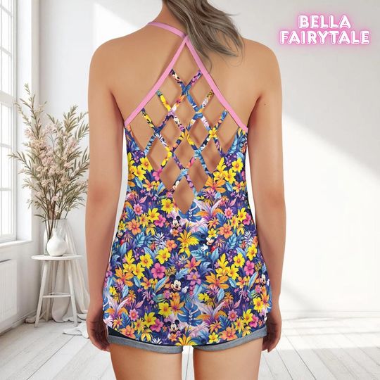 Tropical Floral Mickey, Disney Women Top, Disney Tank Top, Open Back Top, Disney Outfit, Disney Cruise Outfit, All Over Print Top