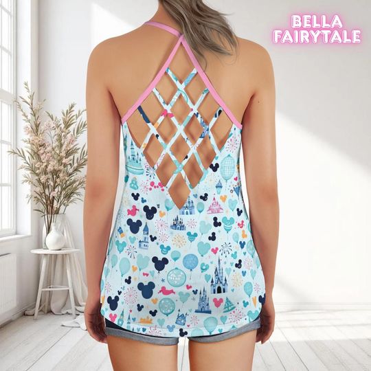 Blue Mickey in Castle, Disney Women Top, Disney Tank Top, Open Back Top, Disney Outfit, Disney Cruise Outfit, All Over Print Top