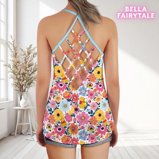 Floral Winnie the Pooh, Disney Women Top, Disney Tank Top, Open Back Top, Disney Outfit, Disney Cruise Outfit, All Over Print Top