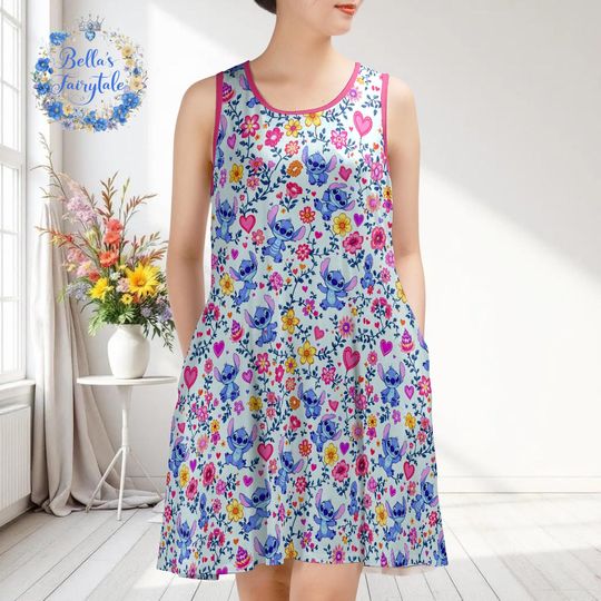 Stitch and Wild Flowers Disney Sleeveless Tank Dress for Ladies - Summer Cruise Outing