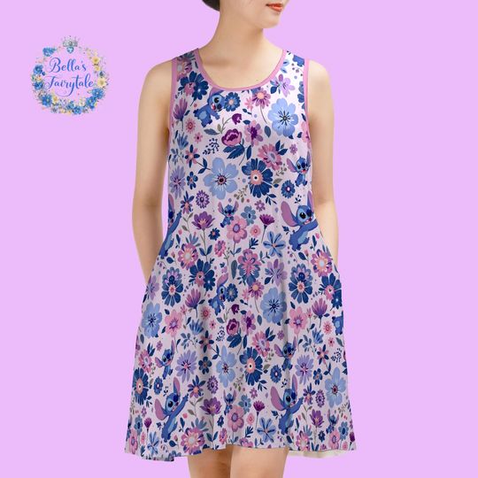 Stitch and Purple Flowers Sleeveless Tank Dress