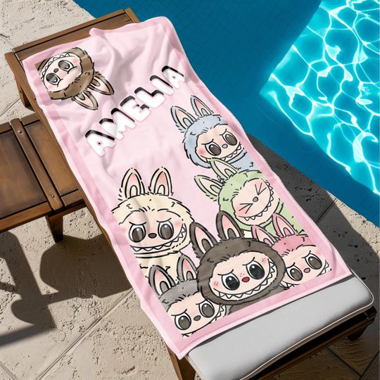 Personalized Labubu Cartoon Towel, Custom Name Kids Pool & Bath Towel, Birthday Gift