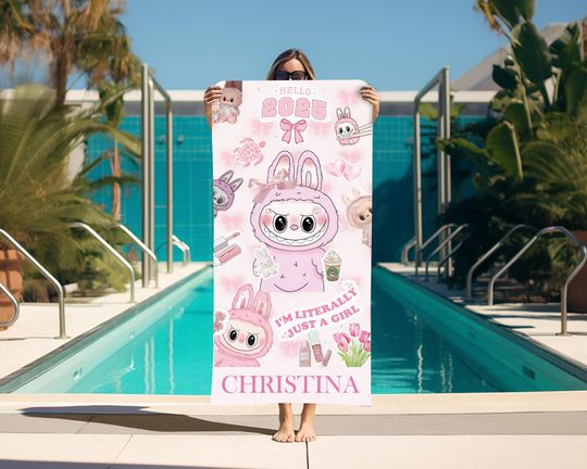 Labubu Personalized Beach Towel, Custom Name Pool Towel, Beach Towel with Name
