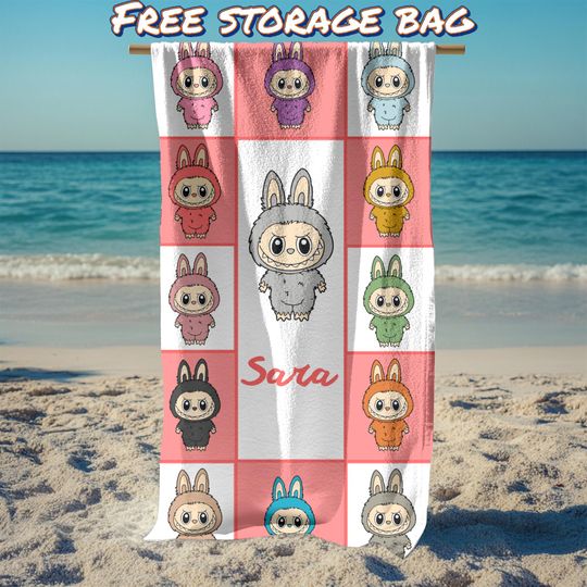 Personalized Labubu Beach Towel for Kids, Cute Cartoon Name Bath Towel, Custom Pool Towel for Summer Fun