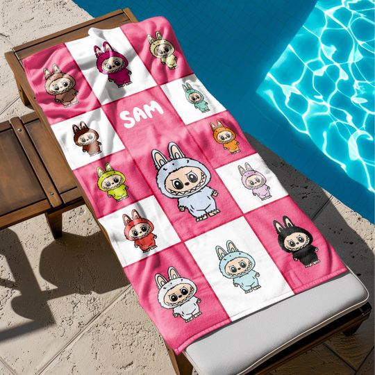Labubu Personalized Beach Towel with Custom Name, Bath Towel, Pool Towel, Perfect for Vacation and Birthday Gifts