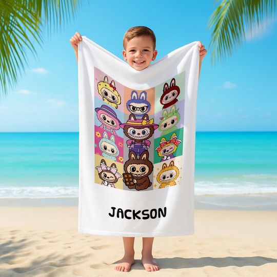 Custom Labubu Flannel Beach Towel, Personalized Cute Towel for Kids, Gift for Labubu Lovers
