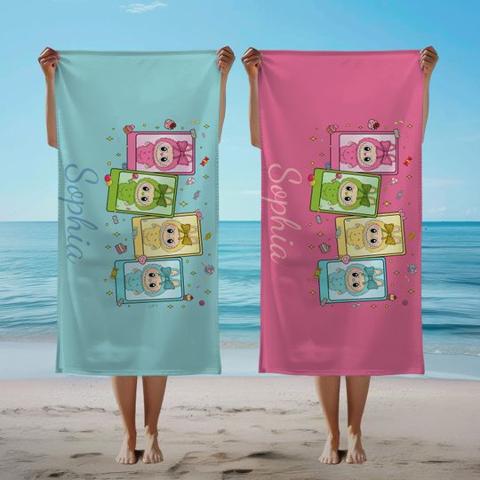 Custom Labubu Beach Towels with Name, Personalized Summer Pool Towel, Kids Gift, Birthday Vacation Gift