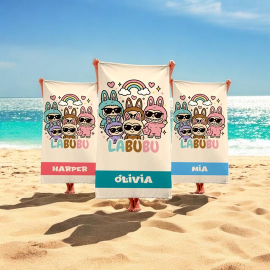 Labubu Personalized Beach Towel, Custom Name Towel for Kids, Great Gift for Birthdays or Summer Trips