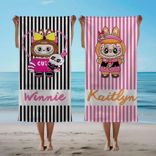 Personalized Striped Labubu Beach Towels, Custom Name Pool Towels for Kids and Teens, Summer Vacation