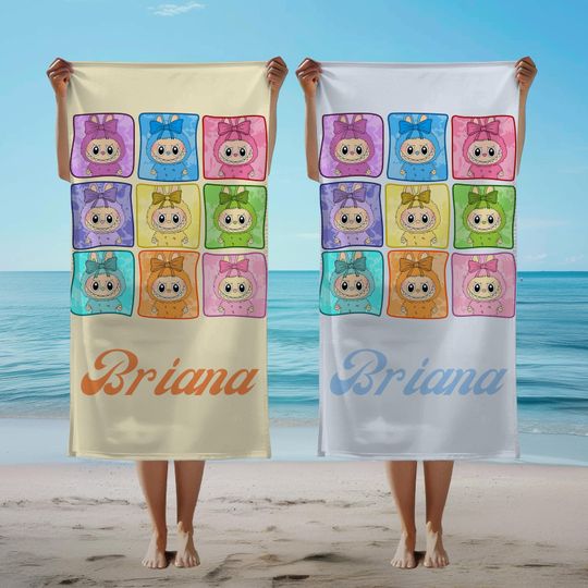 Labubu Custom Funny Cartoon Beach Towel, Personalized Kids Pool Towel, Cute Summer Vacation Towel for Toddlers
