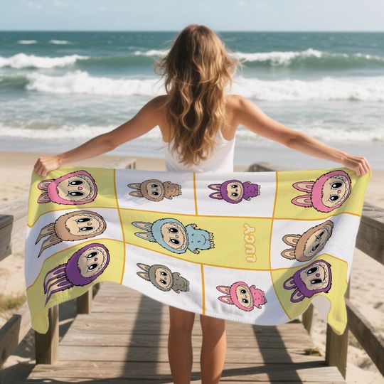 Labubu Personalized Beach Towel, Custom Name Bath Towel, Summer Pool Towel, Unique Vacation Gift