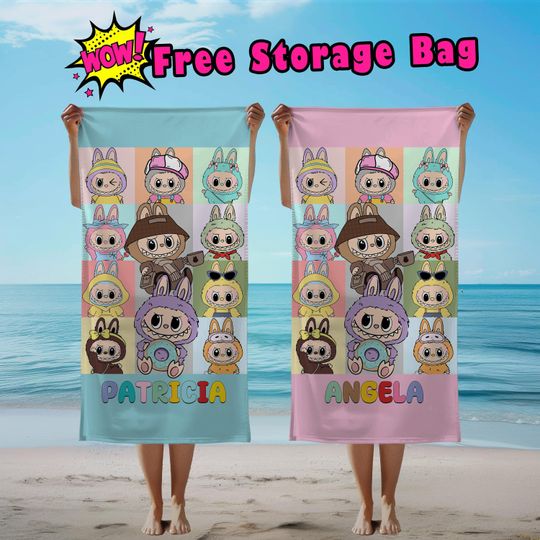 Custom Labubu Theme Beach Towel with Name, Personalized Groovy Labubu Towel for Pool Parties and Birthdays