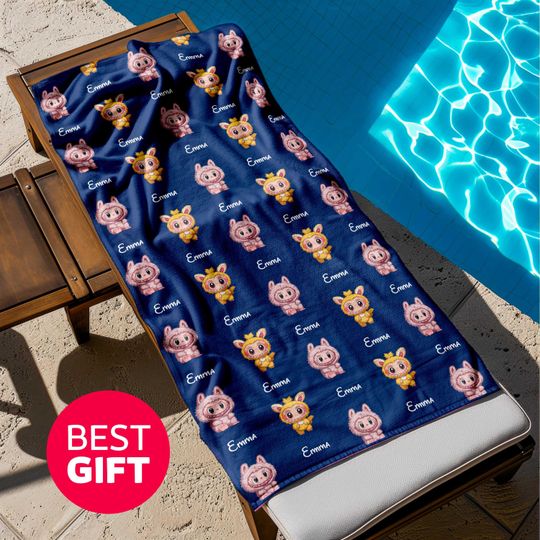 Labubu Personalized Kids Beach Towel with Custom Name, Cute Cartoon Character Design for Summer Travel