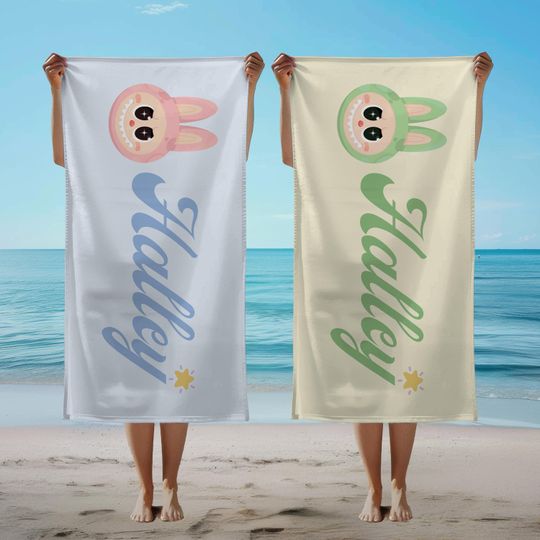 Personalized Cute Labubu Beach Towels for Kids - Custom Name Bath Towels, Pool Gifts, Summer Party Favors
