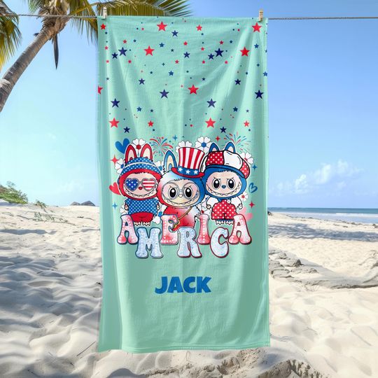 Personalized Kids Beach Towel - Cute Red White Blue Patriotic Design for Boys and Girls