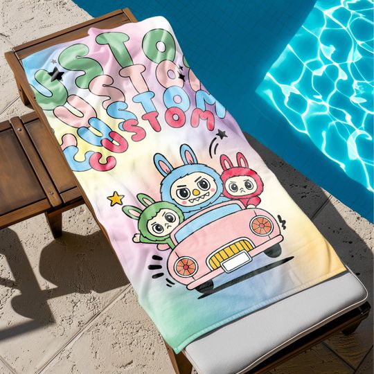 Trendy Labubu Personalized Beach Towel for Kids - Custom Name Cartoon Design, Perfect for Pool and Bath