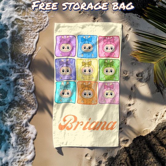 Labubu Custom Cartoon Beach Towel, Personalized Kids Pool Towel, Summer Vacation Towel for Toddlers