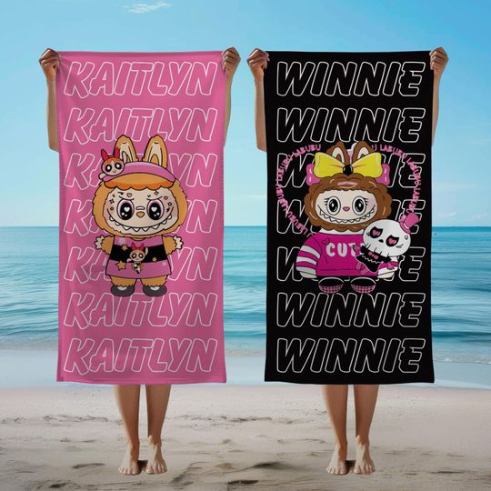 Custom Name Beach Towel for Kids and Adults, Cute Labubu Pool Towel, Summer Vacation Essential, Beach Party Favor