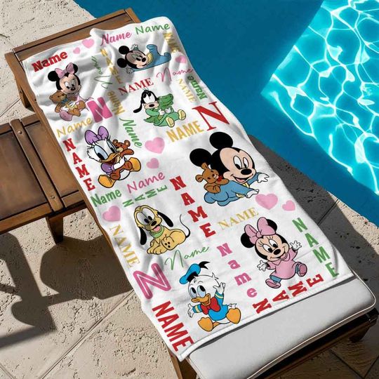 Baby Mickey And Friends Beach Towel, Custom Name Disney Bath Towel, Pool Towel, Disneyland Gift For Kid, Kids Beach Towel, Summer Vacation