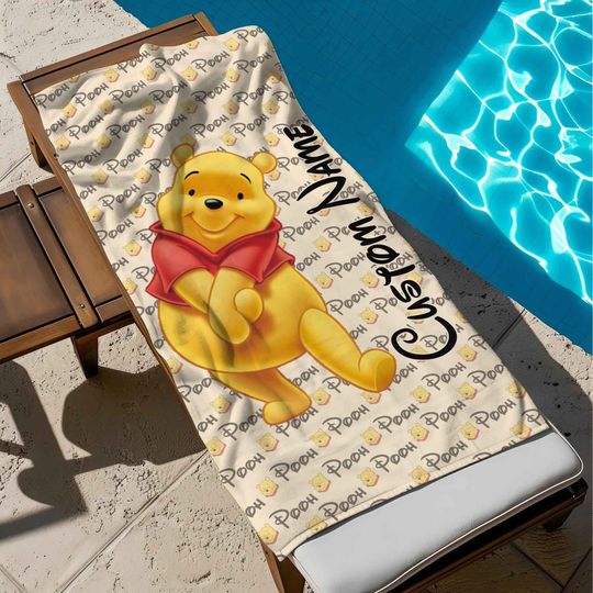 Custom Name Winnie The Pooh Beach Towel, Disney Bath Towel, Pool Towel, Disneyland Gift For Kid, Kids Beach Towel, Summer Vacation