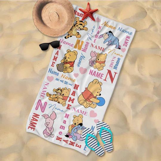Custom Name Winnie The Pooh & Friends Beach Towel, Disney Bath Towel, Pool Towel, Disneyland Gift For Kid, Kids Beach Towel, Summer Vacation