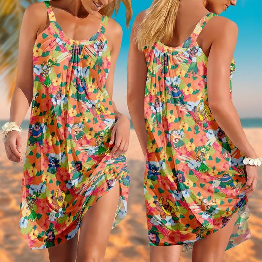 Lilo And Stitch Sling Summer Dress, Disney Sitch Hawaiian Beach Dress, Cute Stitch Floral Sundress, Tropical Cartoon Vacation Outfit